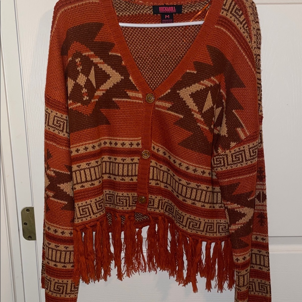 Rock in Roll Denim Orange Fringe Sweater